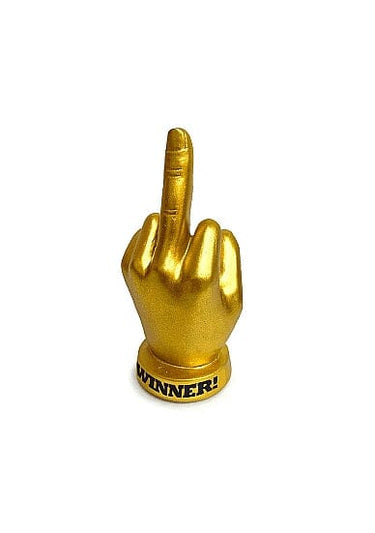 Exquisite golden finger trophy with an upright middle finger gesture, adorned with the word 'WINNER!' at the base, symbolising a playful yet bold recognition of achievement.